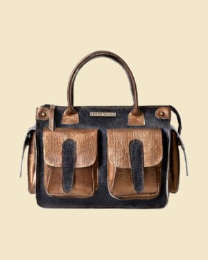 Black & Bronze Baguette Bag – Genuine Leather Women’s Handbag with Multiple Pockets