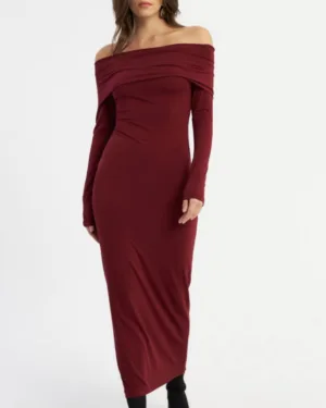 Women's Burgundy Madonna Collar Maxi Dress