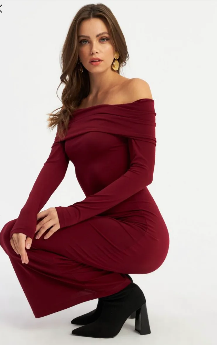 Women's Burgundy Madonna Collar Maxi Dress - Image 3