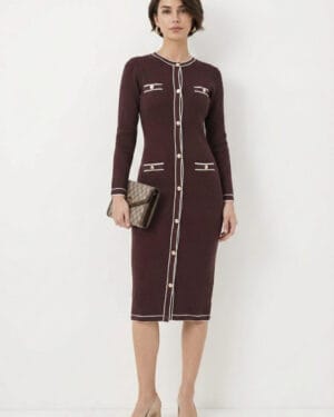 Contrast Trim Knit Midi Dress – Button Front, Burgundy