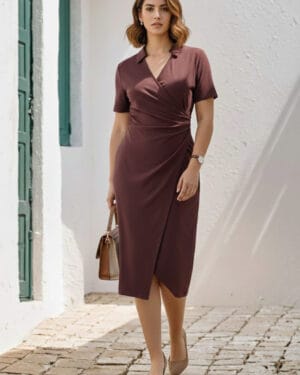 Soft Wrap Midi Dress – Collared, Short Sleeve, Burgundy