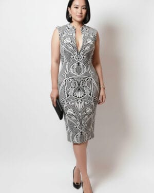 Baroque Pattern Bodycon Midi Dress – Sleeveless, Deep V Detail