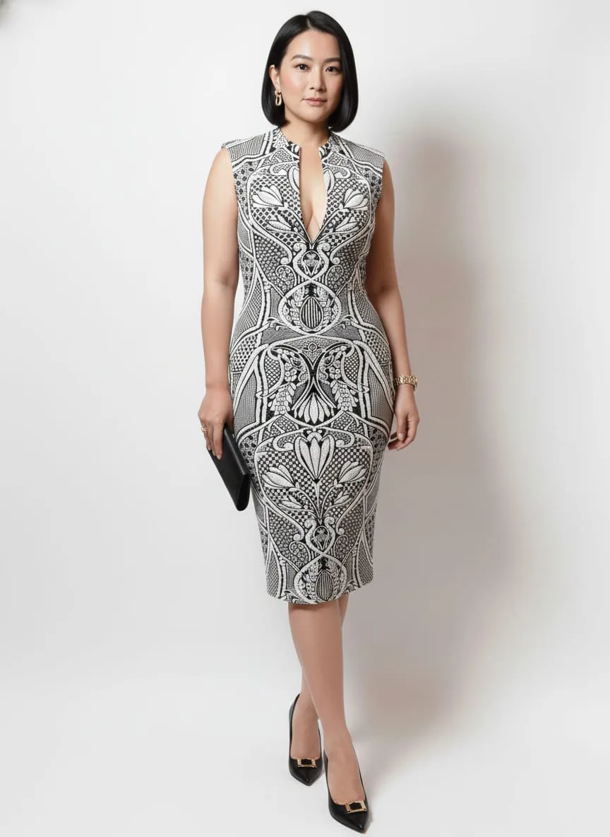 Baroque Pattern Bodycon Midi Dress – Sleeveless, Deep V Detail