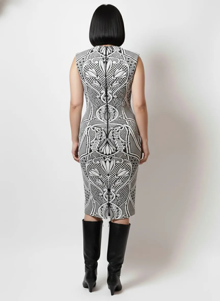 Baroque Pattern Bodycon Midi Dress – Sleeveless, Deep V Detail - Image 3