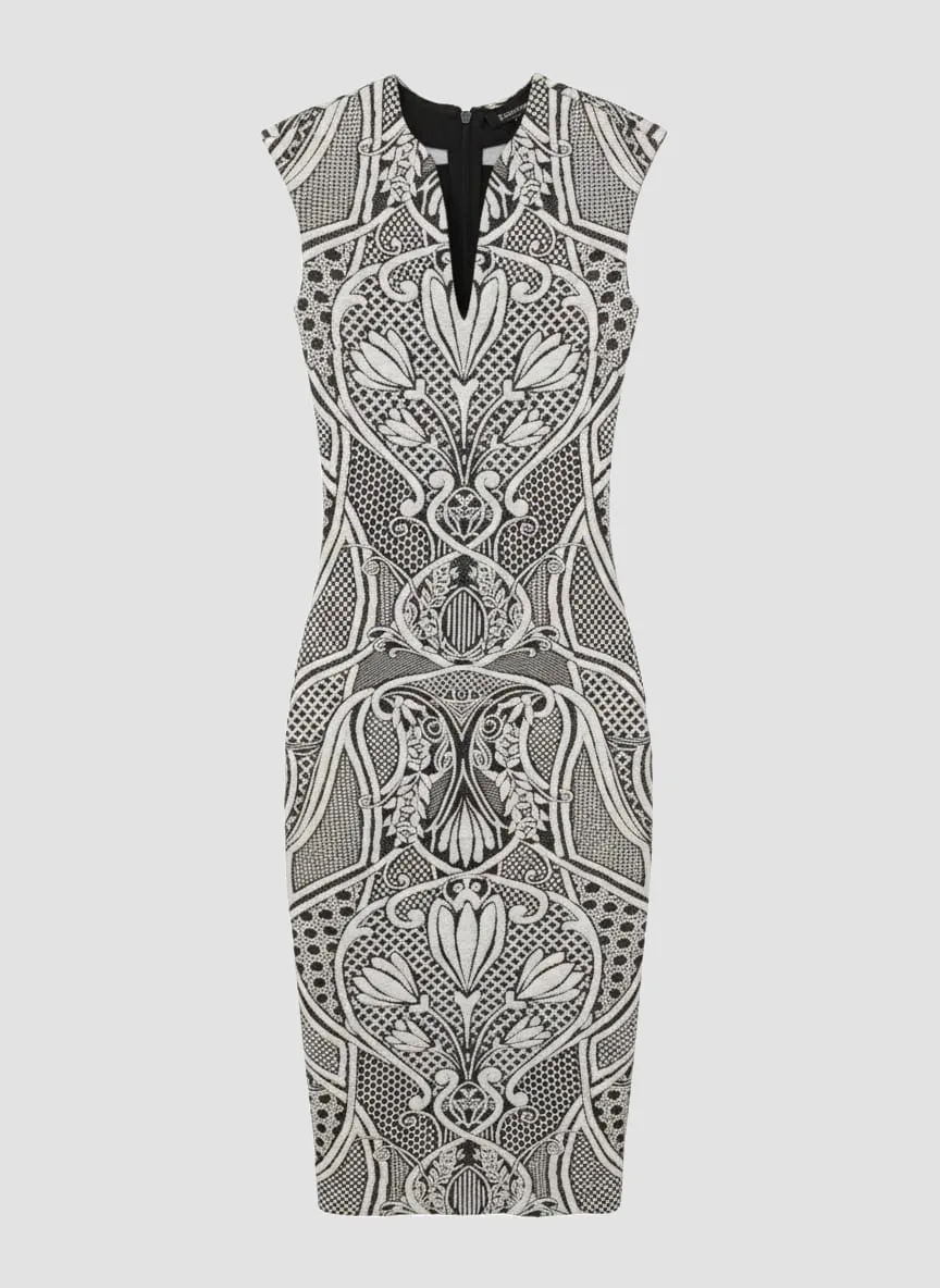 Baroque Pattern Bodycon Midi Dress – Sleeveless, Deep V Detail - Image 4