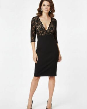 Black Lace Bodice Pencil Midi Dress – 3/4 Sleeves