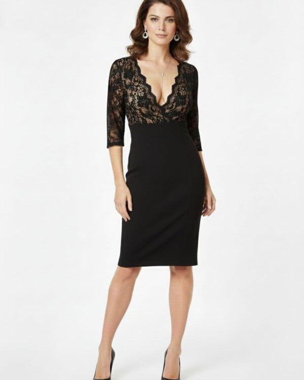 Black Lace Bodice Pencil Midi Dress – 3/4 Sleeves